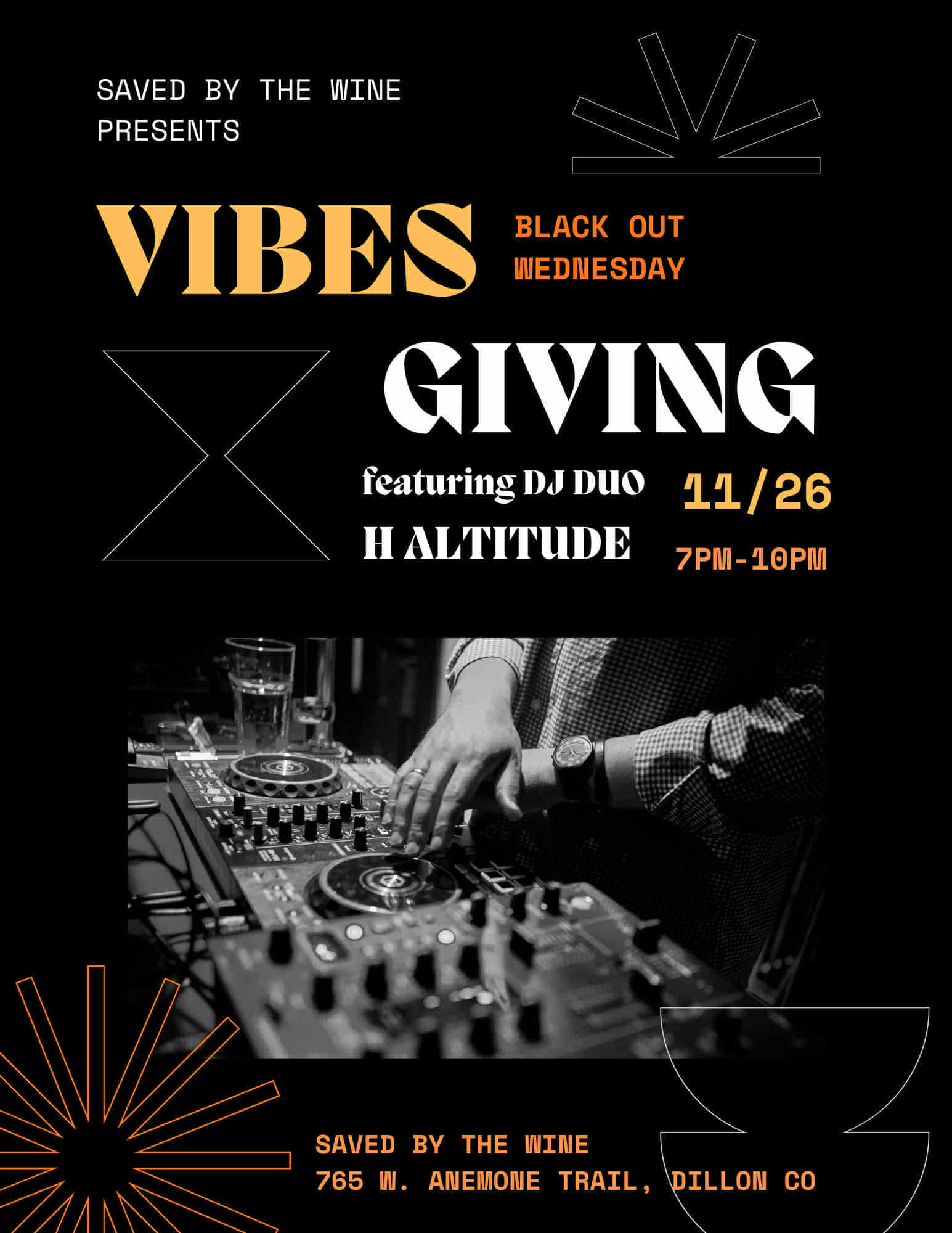 poster for VIBESGIVING (Blackout Wednesday) @ Saved by the Wine featuring H ALTITUDE